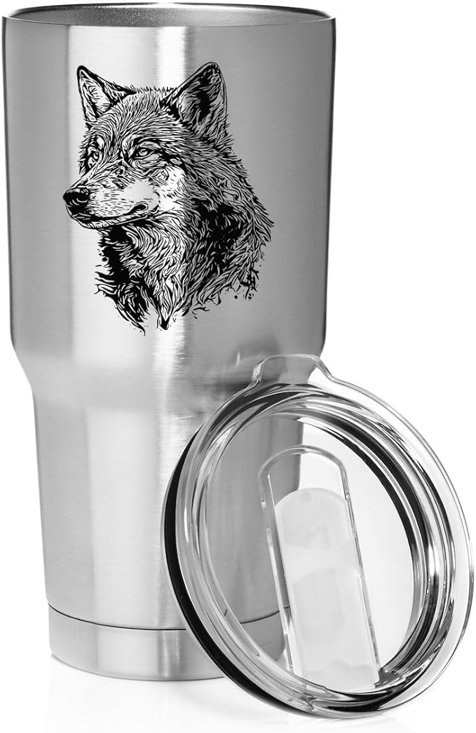Smooth Body Tumbler Stainless Steel Vacuum Insulated Travel Mug Cup Gift Wolf Head (Stainless Steel, 30 oz)