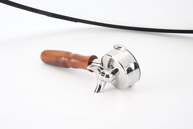 DIBTSA 58mm Espresso Portafilter Compatible with La Marzocco,Double Spouts 2 Ears, Stainless Steel Head and Filter Basket and Wood Handle