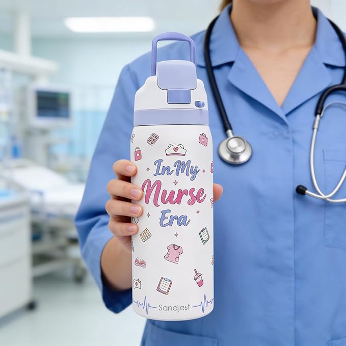 Nurse Stainless Steel Water Bottle, In My Nurse Era, Vacuum Insulated, Push-Button Lid, 32 oz, Gifts for Medical Students Women Girls Friends Teens Birthday Christmas