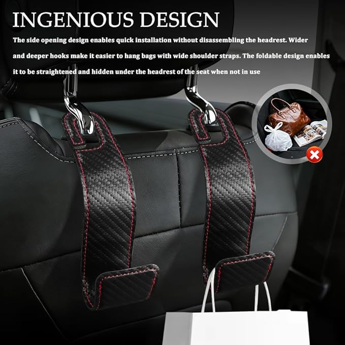 2PCS Purse Holder for Car, Purse Hook for Car, Leather Headrest Hooks for Automotive Back Seat, Auto Accessories Back Seat Organizer Hook for Grocery Bag Handbag Coat (Carbon Fiber, 2PCS)