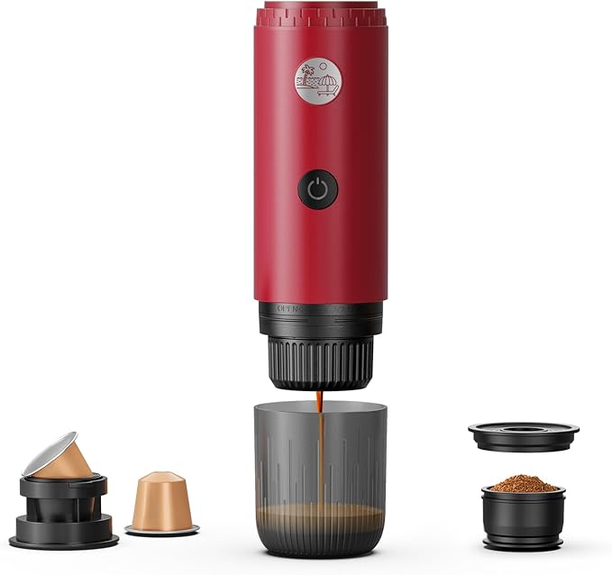 Portable Espresso Machine Mini 19Bar Rechargeable 2-in-1 Multi-Function Electric Coffee Machine One Key Extraction Compatible with NS Capsules and Ground Coffee for Office Home 7800MAH (Red)