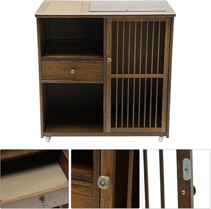 Farmhouse Coffee Station Table on Wheels, Mobile Tea Table Buffet Sideboard Cabinet for Home Kitchen Dining Room (Walnut) (Color:Walnut)