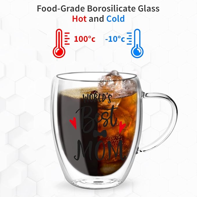350ml Double Wall Glass Coffee Mugs Set, Clear Insulated Glass Mugs for Hot Beverages, Suitable for Tea, Latte, Espresso, Cappuccino (12 oz Dad Mom)