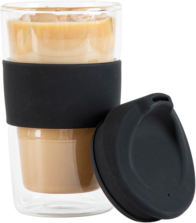 Restaurantware Glass Travel Mug 1 Count 12 Ounce Double Wall Borosilicate Reusable Coffee Cup, Spill-Resistant Black Silicone Lid, Clear Drinkware Mug for Hot and Cold Beverages