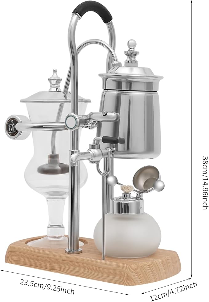 Belgium Royal Family Balance Siphon Coffee Maker, Gravity Vintage Coffee Makers, Vacuum Brewing System 400ml/13.53oz, for Kitchens, Coffee-Shops, and Beverage Stores, Silver
