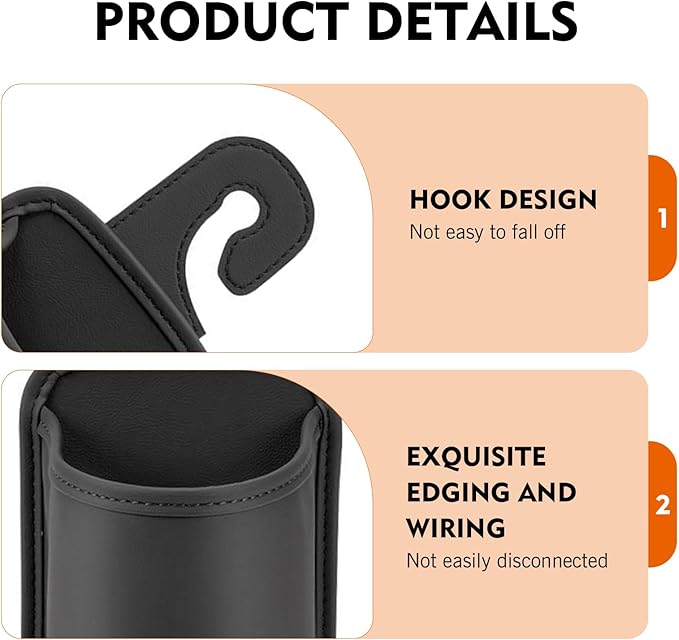 2PCS Car Headrest Cup Holder for Back Seat, PU Leather Premium Storage Accessory, Multi-Functional Anti-Spill Cup Storage Box with Hooks for Bags, Universal for Most Cars (Black)