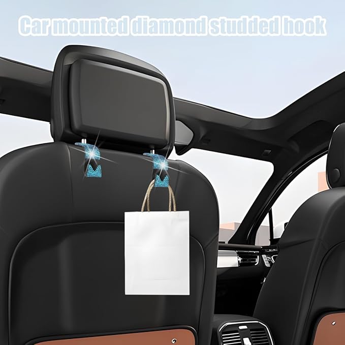 Bling Car Seat Headrest Hooks, 2PCS Crystal Rhinestone Vehicle Backseat Purse Holder for Handbags Coats Umbrellas, Diamond Auto Back Seat Storage Organizer Hanger, Universal Fit (Blue)
