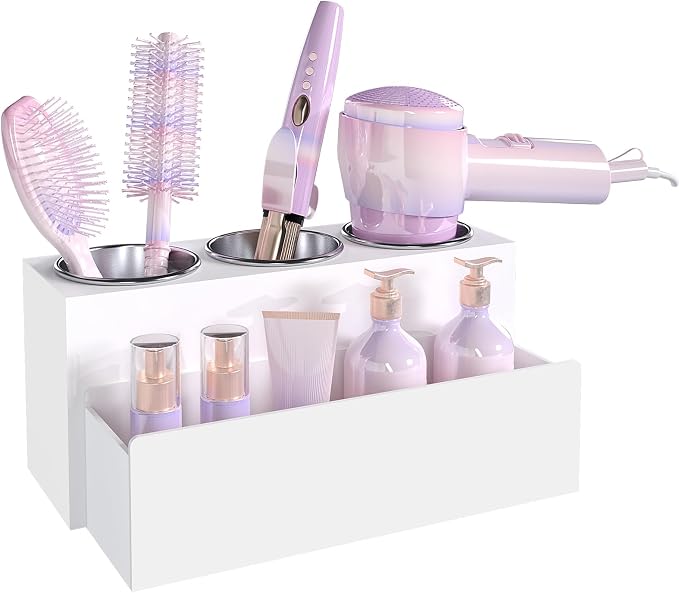 Hair Tool Organizer, Removable Blow Dryer Holder for Bathroom, Hot Tools Organizer For Hair Dryer, Blow Dryer, Curling Iron, Hair Straightener, Bathroom Countertop Organizer, Matte White