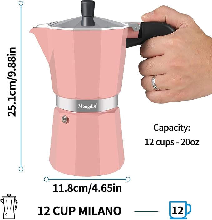 Mongdio Stovetop Espresso Maker Moka Pot, Stove Top Cuban Coffee Maker, Italian Greca Mocha Pot, 12 Espresso Cups, 20 oz - Pink