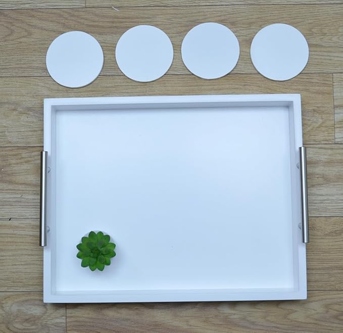 Serving Tray 16.5“X 13“ Deluxe Wooden Ottoman Tray,Coffee Table with Polished Silver Metal Handles-4 Round Coasters Included, White