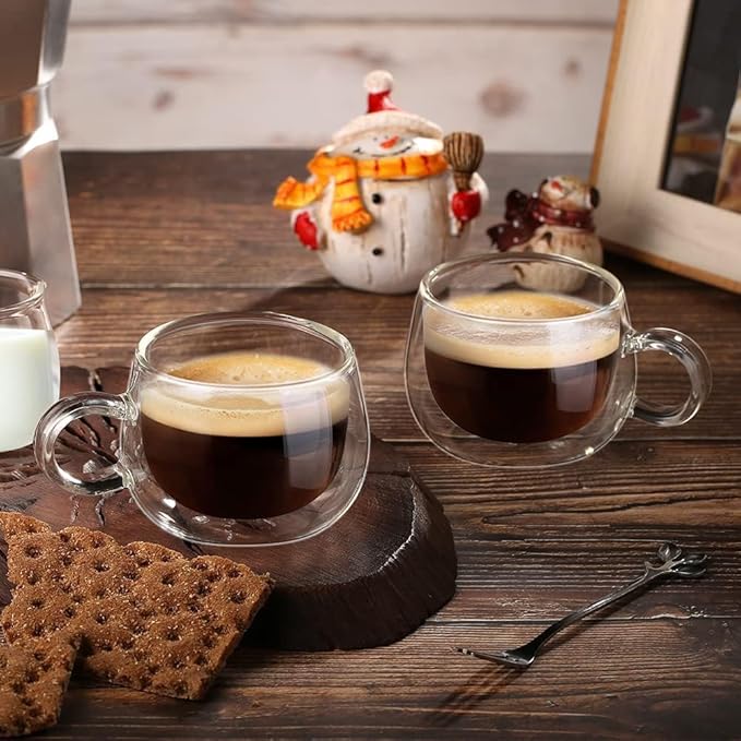 glastal Espresso Cup Set of 4, 4 Oz (full capacity) Double Wall Glasses Espresso Coffee Glass Cups, Small Coffee Glasses Tea Cups with Handle for Iced Americano, Macchiato, Birthday for Mum Dad