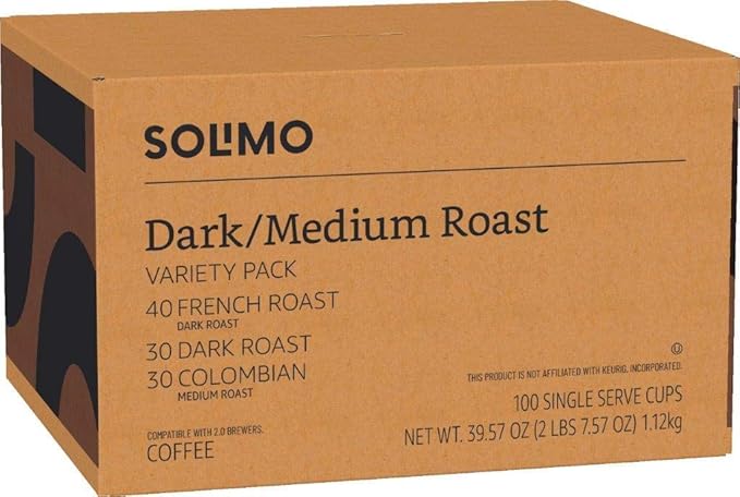 Amazon Brand - Solimo Coffee Pods, Assorted pack (French, Dark, Colombian), Compatible with Keurig 2.0 K-Cup Brewers, 100 Count (Pack of 5)
