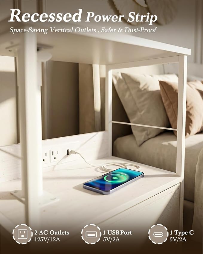 Faesun Swivel Lift Top Nightstand with Charging Station, Rolling Side Table for Recliner, Bedside Table with Wheels & a Fabric Drawer, for Small Spaces, for Bedroom, Living Room, White