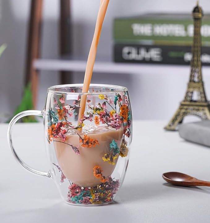 Double Glass Flower Tea Cup, Aesthetic Preserved Flower Cup, Cute Insulated Tea Cup with Handle, Heat Resistant & Lead-free Coffee Mugs, Gifts for Birthday Mother's Day, Perfect for Women Wife Mom (D)