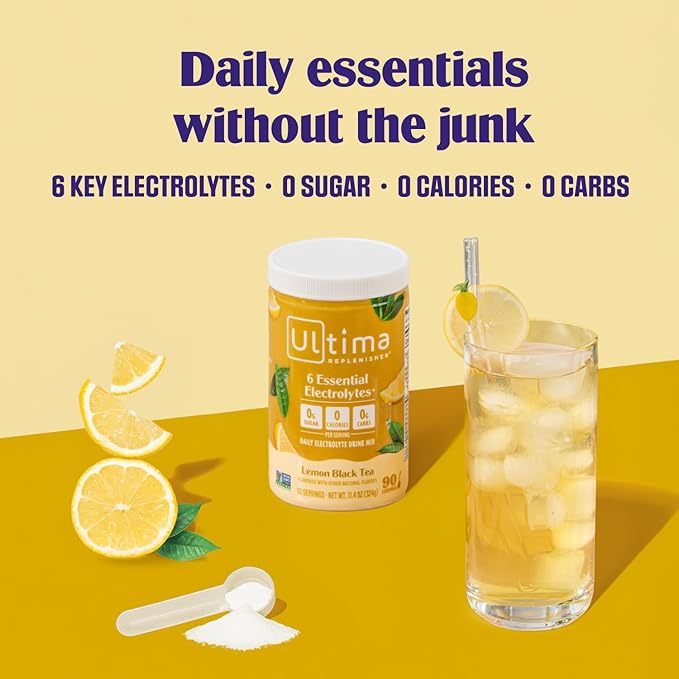 Ultima Replenisher Daily Electrolyte Powder - Lemon Black Tea, 90 Servings - Zero Sugar Hydration Powder with 6 Electrolytes and Minerals - Sugar Free, Plant Based & Keto Friendly Drink Mix