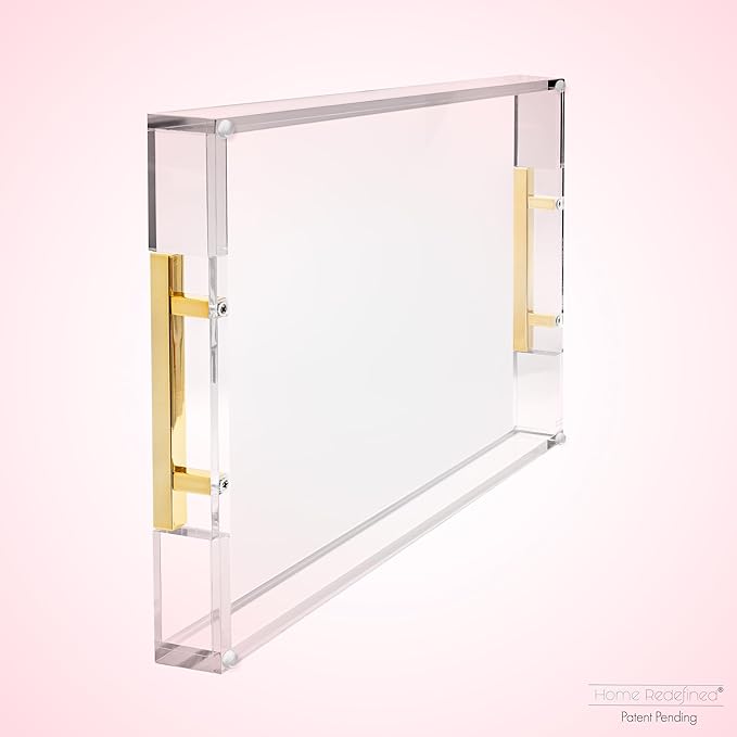 Modern 16"x12" Rectangle Acrylic Lucite Plastic Decorative Serving Tray with Gold Polished Stainless Steel Metal Handles Home Decor Ottoman Coffee Table Makeup Perfume Display Vanity By Home Redefined