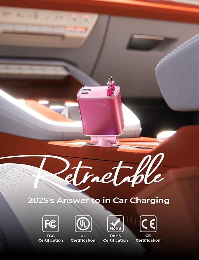 LISEN Retractable Car Charger Adapter for iPhone 17, Fast Charging Car Phone Charger, 84W USB C Car Truck Accessories, Road Trip Essentials Pink Accessories for Men Women for iPhone 17 16 15 14 13 12