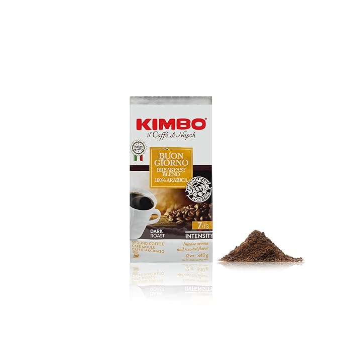 Kimbo Buon Giorno Breakfast Blend 100% Arabica Ground Coffee | Blended & Roasted in Italy | Medium Roast with Flower & Almond Flavor | 12 oz bag