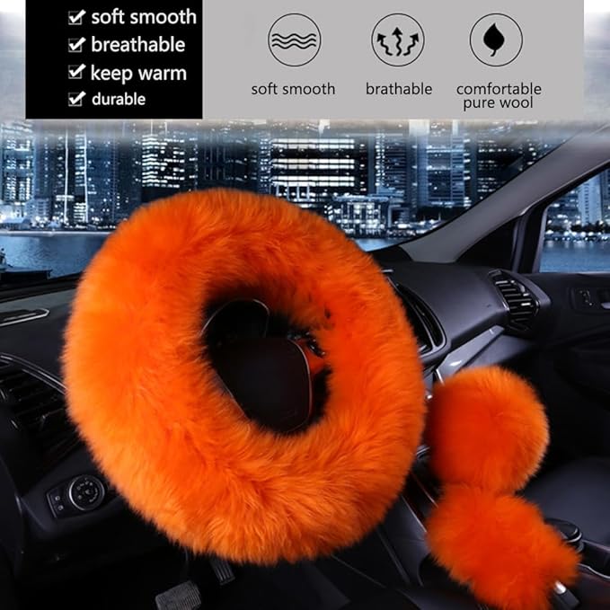 15inches Universal Leather Car Steering Wheel Cover Car Accessories Colorful Fuzzy Steering Wheel Cover Gear Shift Cover Handbrake Cover (Orange)