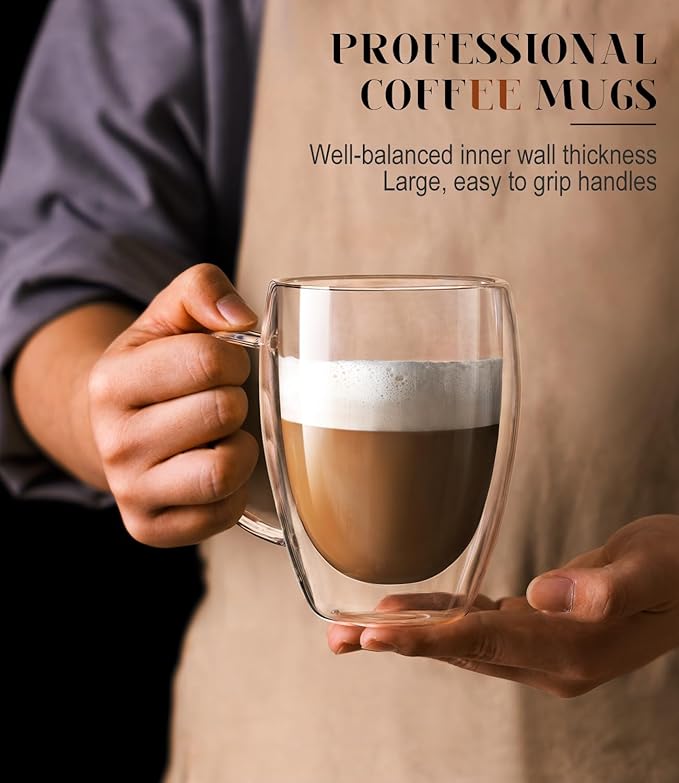 Double Walled Glass Coffee Mugs Set of 2, 12.5OZ Hand Blown Insulated Clear Glass Coffee Cups with Handle,Perfect for Latte,Cappuccino, Espresso, American,Tea Bag, Beverage