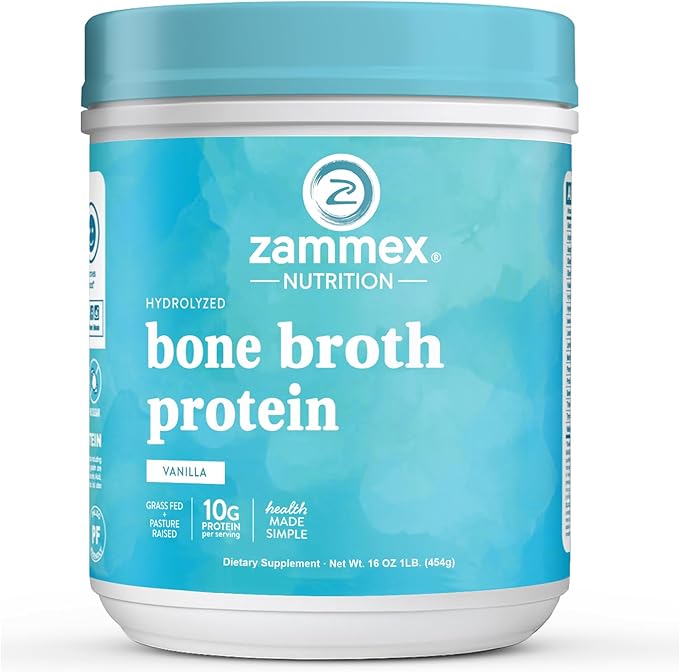 Zammex Bone Broth Protein Powder, Pure Grass Fed Beef, Vanilla Protein Powder,Hydrolyzed Collagen Supplement for Healthy Skin,Nails,Hair,Joints, Non-GMO,Gluten Free, Great in Shakes