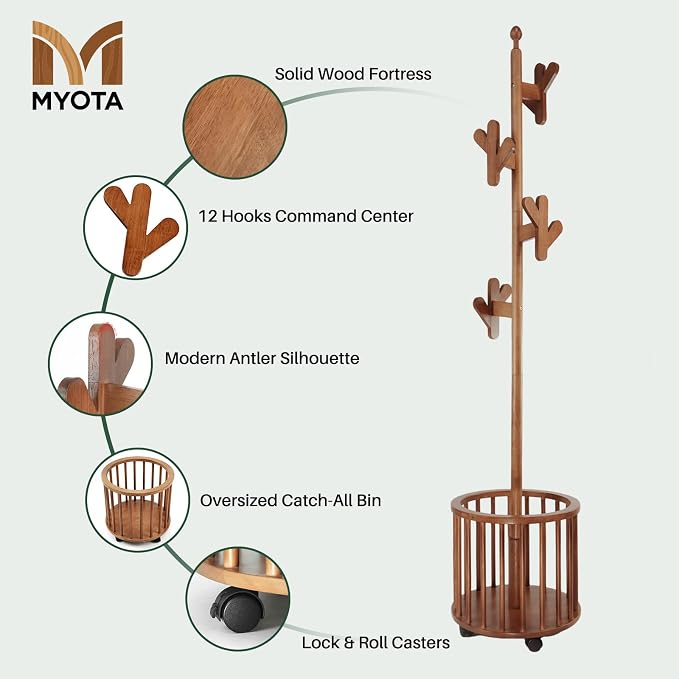 Wooden Coat Rack with Storage Basket & 12 Hooks - Freestanding Heavy Duty Rolling Coat Tree Stand with Wheels, Hat Hanger for Entryway, Hallway, Bedroom, Living Room Corner (Walnut)