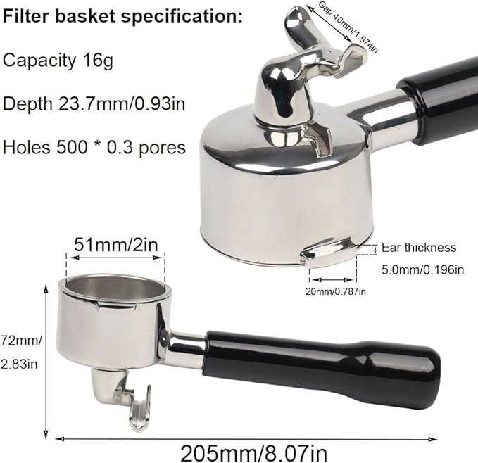 51mm Portafilter 2 Ears with Double Spout Compatible with Delonghi ECP3420/ ECP3630/ ECP3120/ EC260/ ECP35.31, Espresso Portafilter 51mm with Double Shot Capacity Cup Filter Basket and ABS Handle