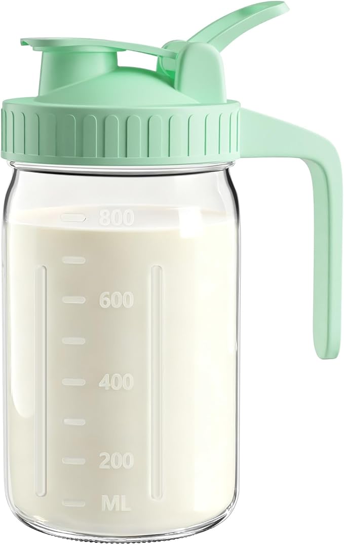 32oz Breast Milk Pitcher with Lid – Leak-Proof & Airtight Glass Storage Container for Breastmilk, Wide-Mouth Mason Jar Pitcher, Fast Formula Maker, Green