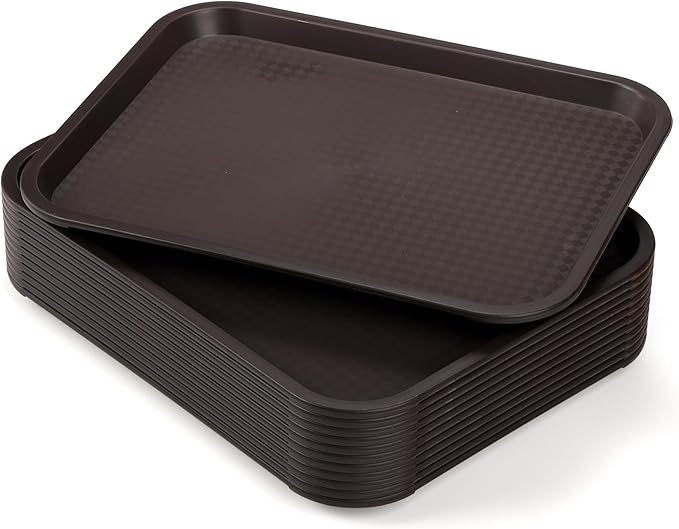 Yarlung 12 Pack Plastic Fast Food Trays, 13.7 x 10.5 Inch Rectangular Cafeteria Trays Restaurant Serving Tray for Coffee Table, Kitchen, Party, Brown