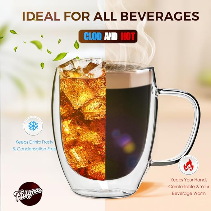 Double Walled Glass Coffee Mugs, 18oz Glass Coffee Cup Set of 2, Double Insulated Coffee Mugs for Espresso, Cappuccino, Latte, Tea Bag, Hot Beverages