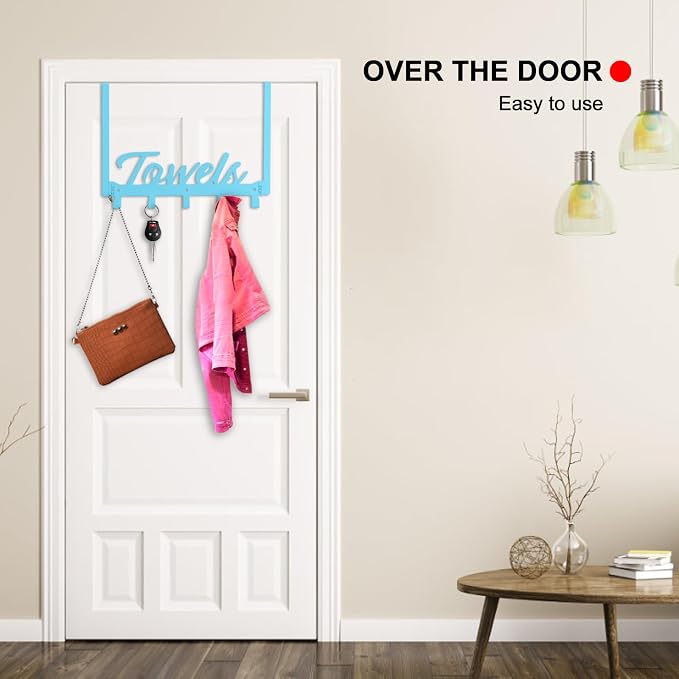 Azmoncy Over The Door Hooks, Towel Rack for Bathroom Over Door Towel Hanger, Heavy Duty with 5 Coat Hooks for Pool, Bedroom, Bathroom, Kitchen Towels, Bags (Blue)