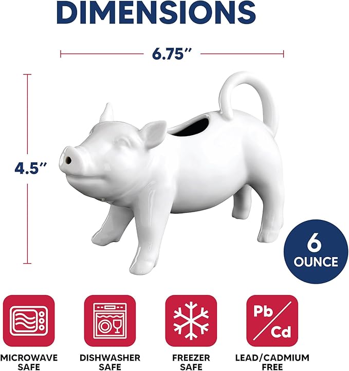 HIC Kitchen Pig Creamer With Handle, Fine Porcelain, 6-Ounce, For Serving Milk, Cream, Syrup, Dressings, And Sauces