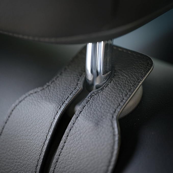 Genuine Leather Car Seat Hooks for Headrest - Flexible Car Seat Back Storage Hook for Purses and Bags, Upgraded Car Purse Hook Holder Hanger Organizer for Head Rest (Black-2 Pack)