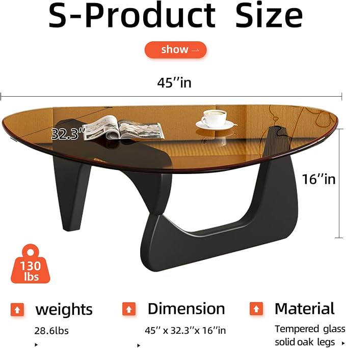 Glass Coffee Table, Mid Century Modern Coffee Table, Coffee Table for Living Room Center Table Suitable for Bedroom Living Room Reception Office Tables (Black/Brown, Large)