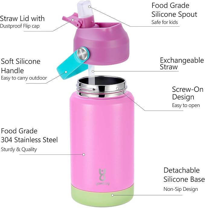 Kids Insulated Water Bottle with Straw Lid & Silicone Handle,12oz Kids Leak Proof Water Bottle for School Boys Girls,Double Wall Vacuum Stainless Steel with Non-slip Silicone Base(Pink)