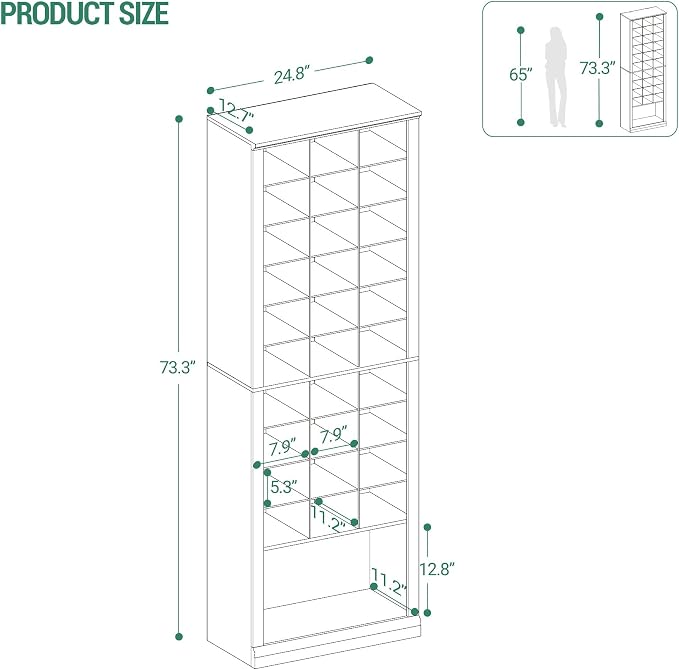 Hzuaneri 11 Tiers Shoe Storage Cabinet, Tall Shoes Cabinet with Cubby, Freestanding Wooden Shoe Organizer, 30-33 Pairs, Shoes Cubby Organizer for Entryway, Bedroom, Greige SR02005B