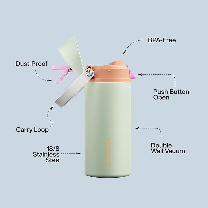 Insulated Water Bottle with Straw - Encool Stainless Steel Water Bottle with Push Button Lid, Leak-Proof & BPA-Free, Keeps Cold for 24 Hours for Sports, Travel, Gym (18 oz, Geyser Green)