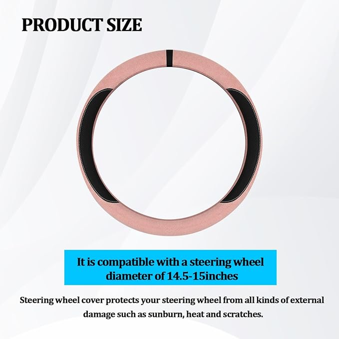 HZEL Car Steering Wheel Cover, Non-Slip Suede Leather Breathable Vehicle Steering Wheel Protector with Inner Ring, Automotive Interior Protective Accessories, Universal Fit (Pink)