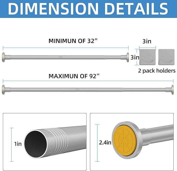 CorkLatta Matte Silver Shower Curtain Rod,1 Inch Diameter Stainless Steel Adjustable Spring Tension Rods 32 to 92",with Holders,Anti-Slip,Curtain Rods No Drilling(1 Pack)