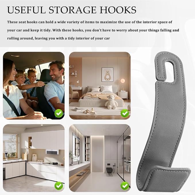 2PCS Purse Holder for Car, Purse Hook for Car, Leather Headrest Hooks for Automotive Back Seat, Auto Accessories Back Seat Organizer Hook for Grocery Bag Handbag Coat (Grey, 2PCS)