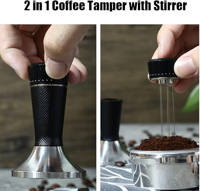 53mm Espresso Tamper, 2-in-1 Premium Barista Coffee Tamper & WDT Tool, Excellent Quality Curve Stainless Steel Base Tamper for Espresso Machine, Compatible with Breville Series 54mm Portafilter Baske