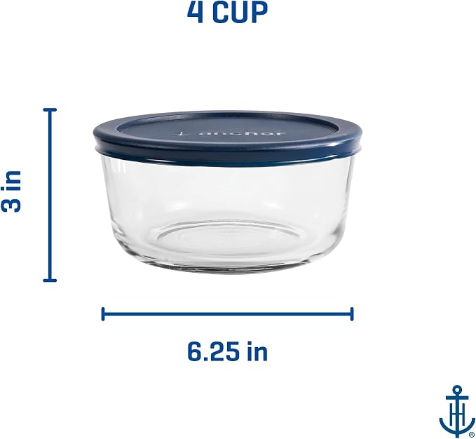 Anchor Hocking SnugFitTM Round Food Storage Containers with Lids (4-Piece, 4-cup, Navy Blue, oven-safe)