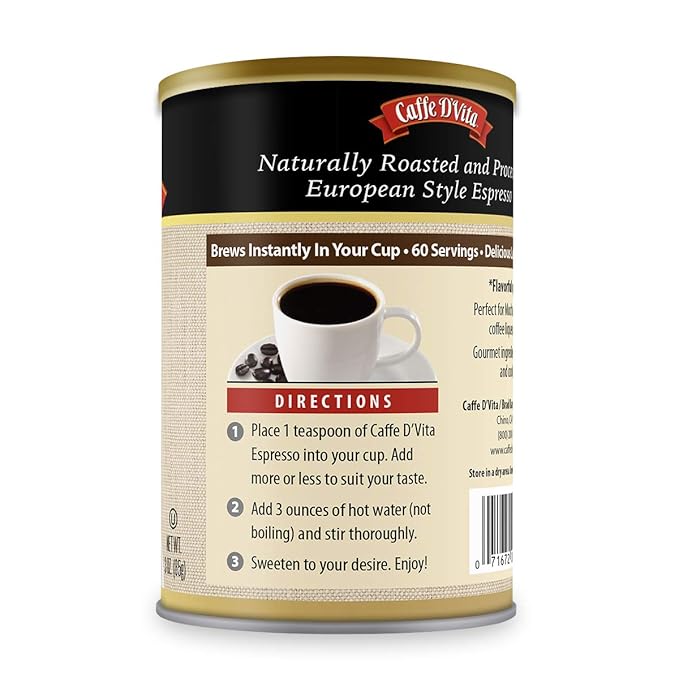 Caffe D'Vita Espresso Coffee - Instant Espresso Coffee Powder, Ground Espresso Beans, Keto, Gluten Free, No Cholesterol, No Trans Fat, Kosher-Dairy Instant Coffee Drinks - 3 Oz Can