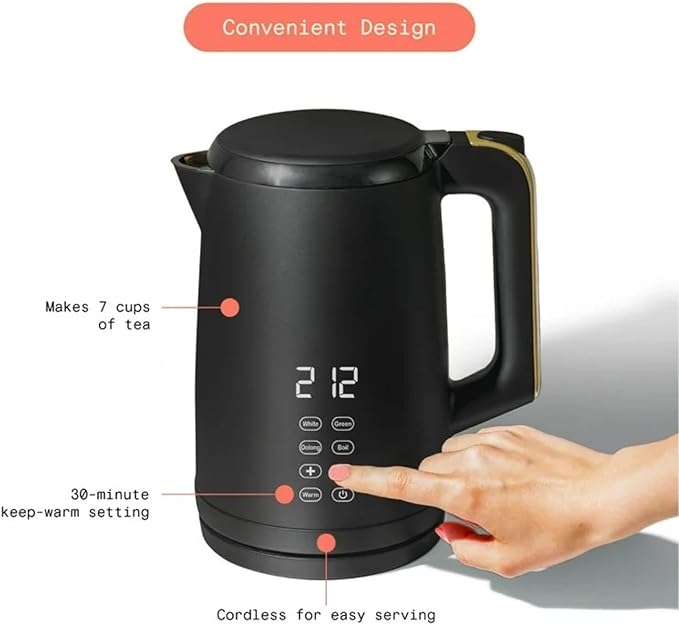 Electric Gooseneck Kettle 1 Liter 1200W, Stainless Steel, Pour Over Coffee Tea, Auto Shut-Off, 360° Cordless Power Base (Black Sesame 1.7L)