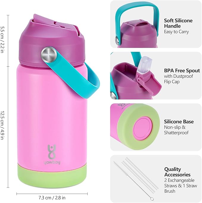 Kids Insulated Water Bottle with Straw Lid & Silicone Handle,12oz Kids Leak Proof Water Bottle for School Boys Girls,Double Wall Vacuum Stainless Steel with Non-slip Silicone Base(Pink)