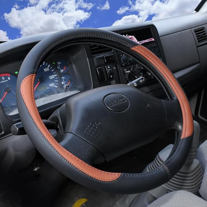 Product Truck Steering Wheel Cover PU Leather Anti Slip Anti Rub Four Season Universal 16 17 18 19inch (Black Brown, 16inch)