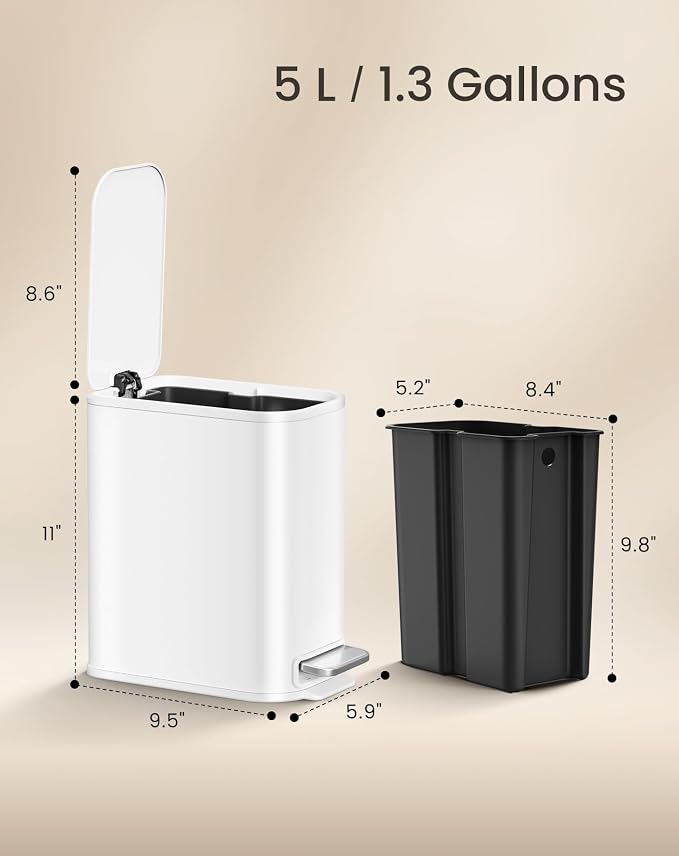 Cesun Small Bathroom Trash Can with Lid Soft Close, Step Pedal, 5 Liter / 1.3 Gallon Stainless Steel Garbage Can with Removable Inner Bucket, Waste Basket for Bathroom, Bedroom (White)