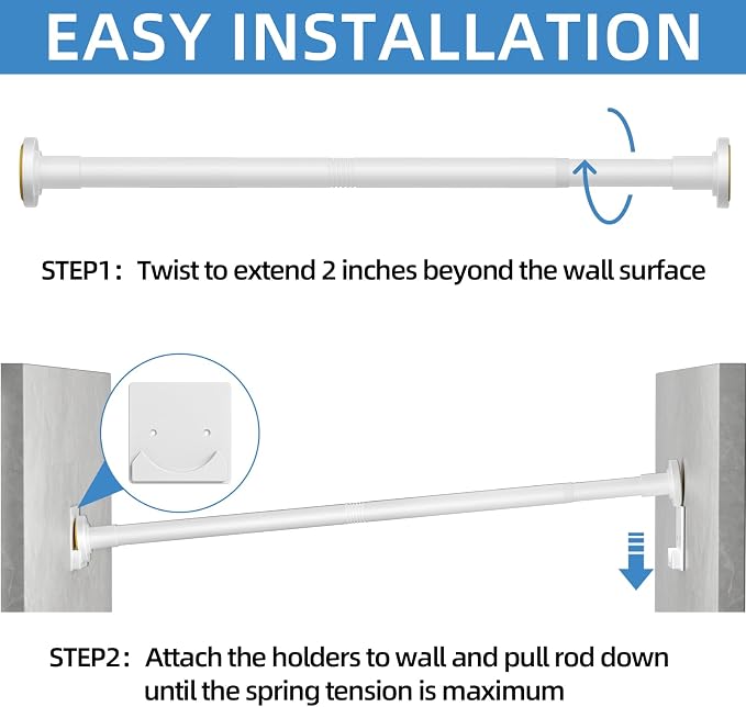 CorkLatta White Shower Curtain Rod,1 Inch Diameter Stainless Steel Adjustable Spring Tension Rods 32 to 80",with Holders,Anti-Slip,Curtain Rods No Drilling(1 Pack)