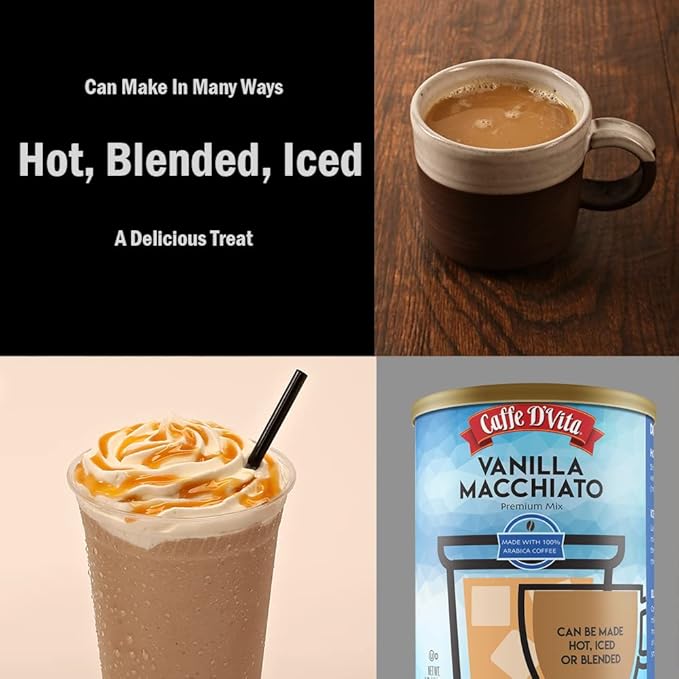 Caffe D'Vita Vanilla Macchiato - 100% Arabica Coffee Latte Mix, Instant Cappuccino Mix, Gluten Free, No Cholesterol, No Hydrogenated Oils, No Trans Fat, Kosher-Dairy, Instant Coffee Drink - 1 Lb Can