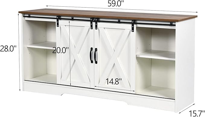 4 EVER WINNER Farmhouse Coffee Bar Cabinet, 59" Buffet Cabinet with Storage & Sliding Barn Doors, Kitchen Storage Cabinet, Coffee Station, Living Dining Room, White